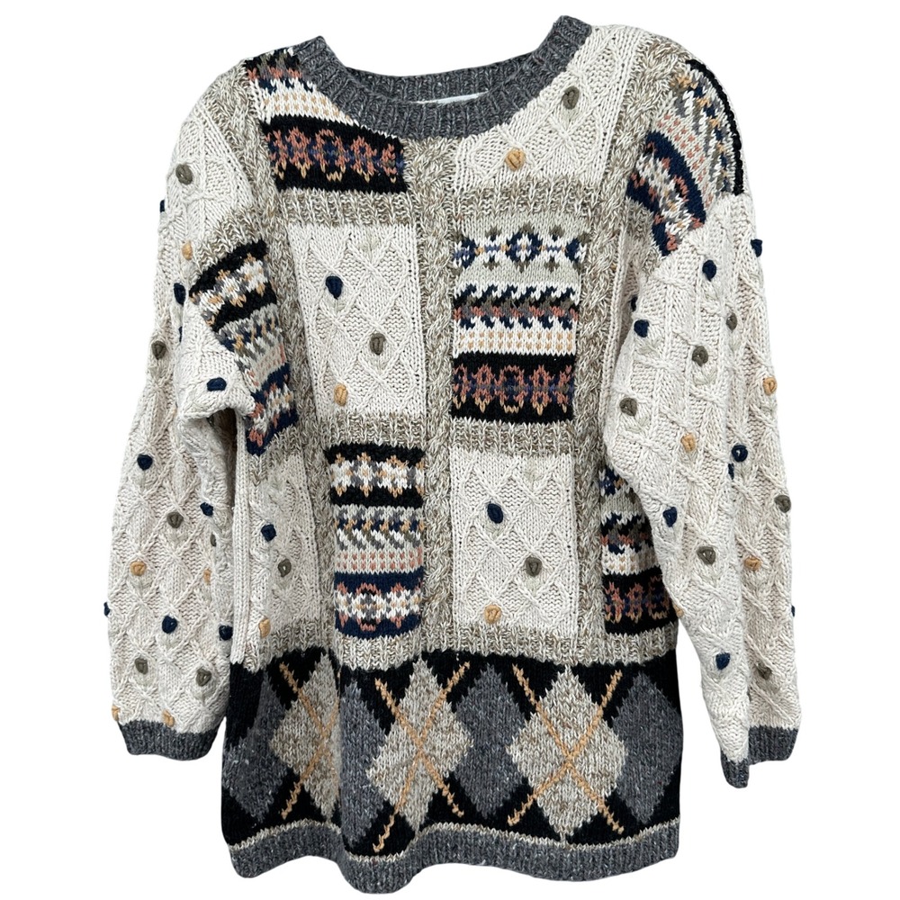 Cape‎ Isle Knitters Hand Knit Sweater Womens S Ramie Cotton Argyle Fair Isle VTG